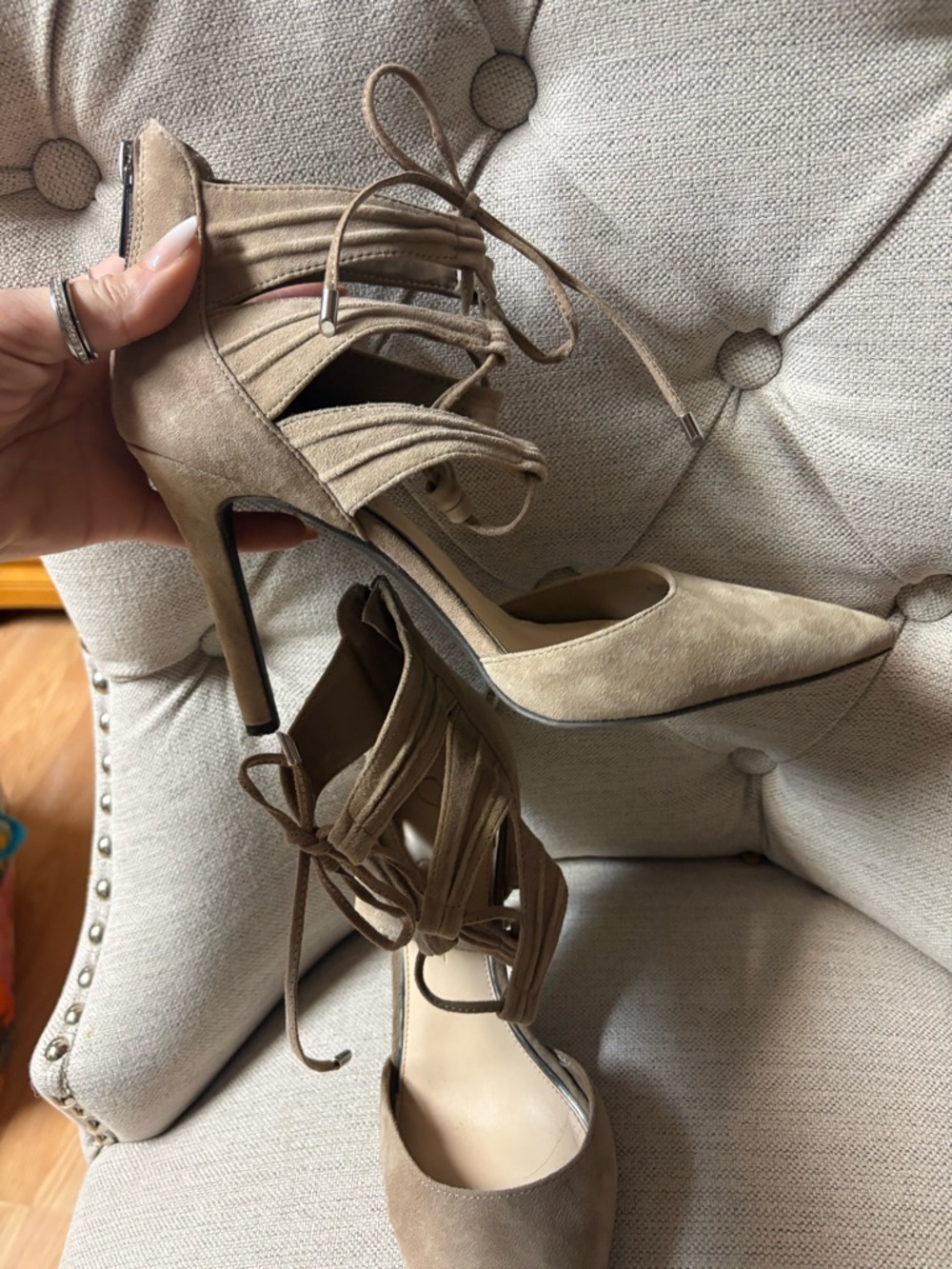 Jessica Simpson Pointed-Toe Suede Lace-Up Heels in Taupe - Picture 7 of 11